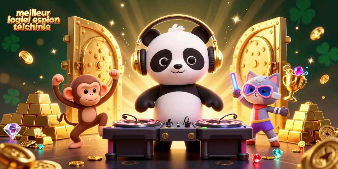 Découvrez le meilleur logiciel espion téléphone avec une ambiance de casino, des personnages animés et des éléments de jeu scintillants.