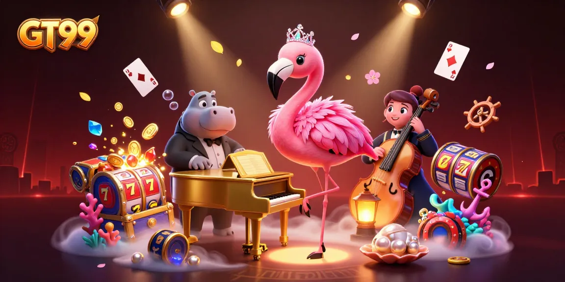 Win big with GT99's vibrant casino scene featuring a flamingo singer and a hippo bassist.