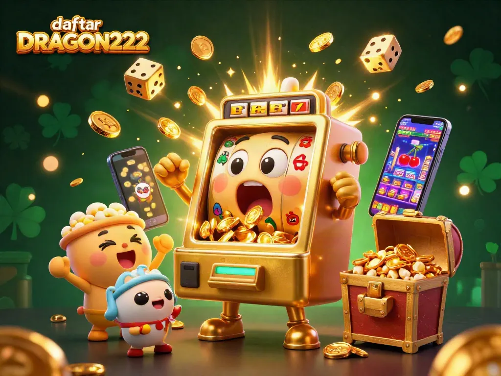 Join the fun at daftar DRAGON222 with an exciting jackpot scene featuring golden slot machines and prizes!