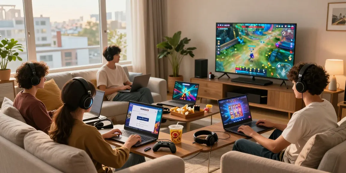 Players enjoying online gaming session with rokok88 slot login on screen in cozy living room.