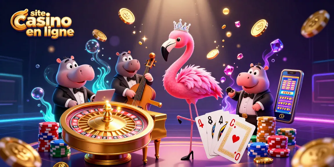 Jouez à votre site casino en ligne avec une illustration 3D vibrante d'un flamant chanteur et d'un hippopotame.