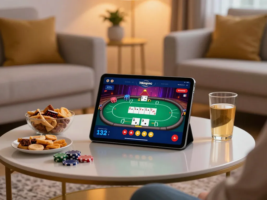Player enjoying online gambling on the 79kingvnc app, showcasing poker game excitement in a cozy setting