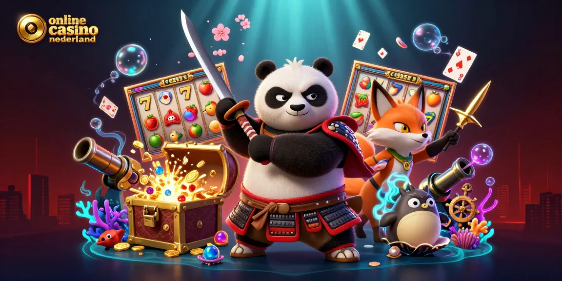 Experience the excitement of online casino nederland with a dynamic illustration of samurai panda and ninja fox.