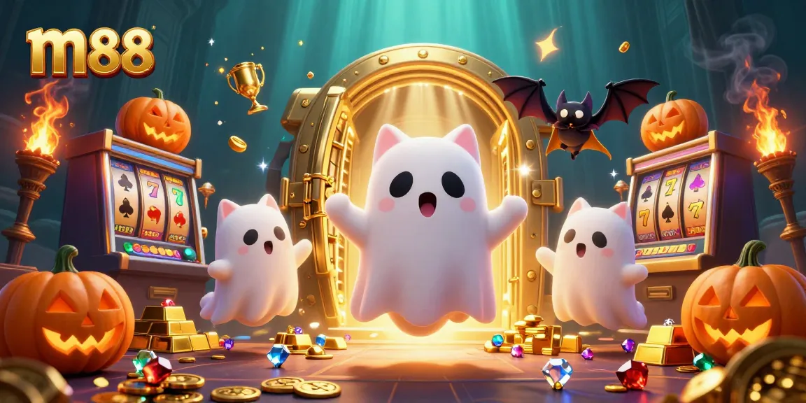 Experience the thrill of m88 with a friendly ghost cat and vampire bat in a casino.