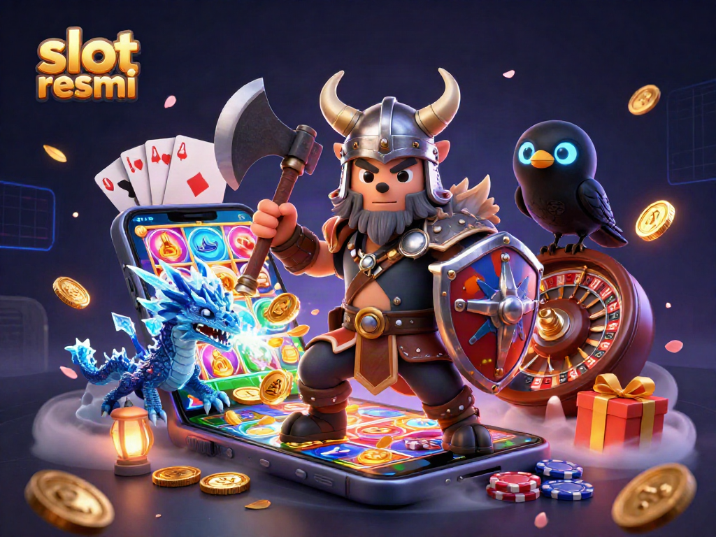 Experience thrilling gameplay at slot resmi with a cartoon Viking warrior and exciting slot games.