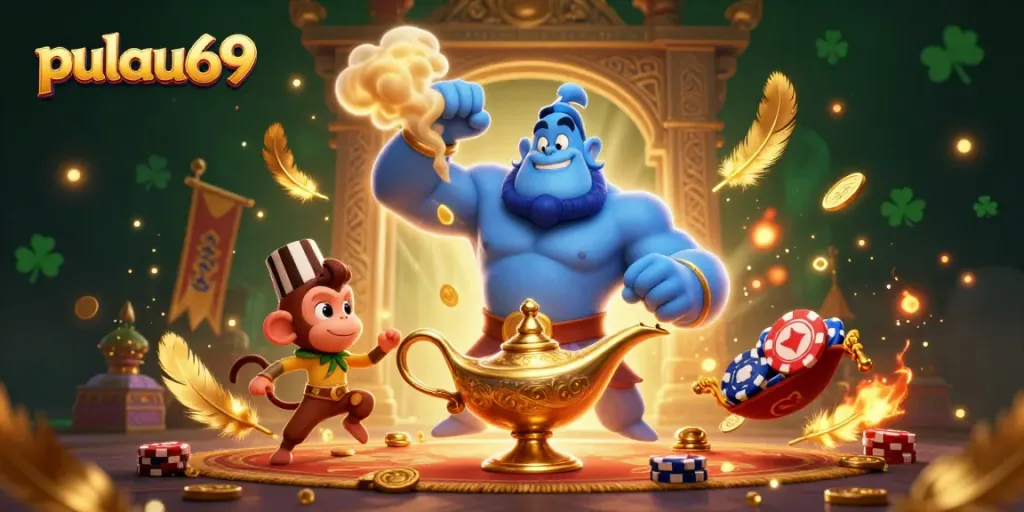 Join the excitement with pulau69 as the genie grants winning spins amidst glowing riches and vibrant casino elements.