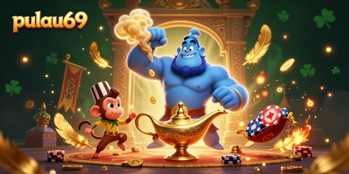 Join the excitement with pulau69 as the genie grants winning spins amidst glowing riches and vibrant casino elements.