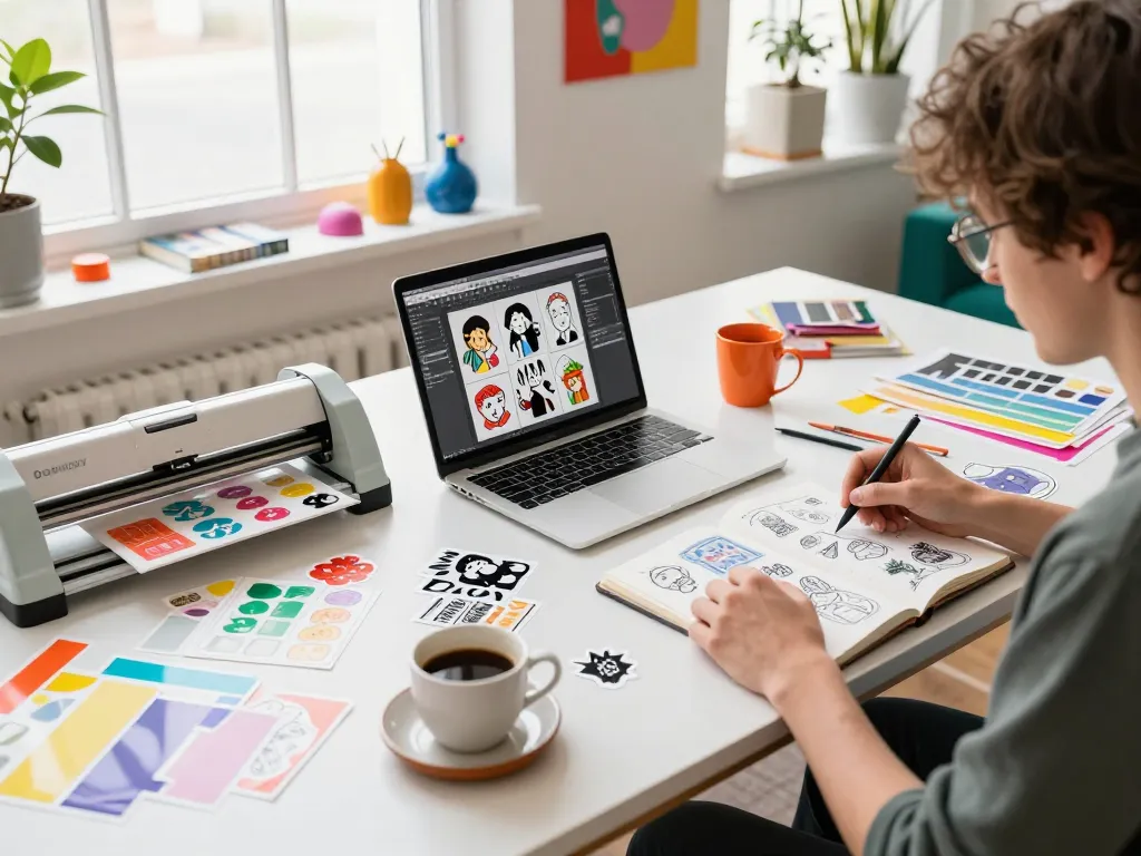 Custom stickers artistically designed with vibrant colors at a creative workspace.