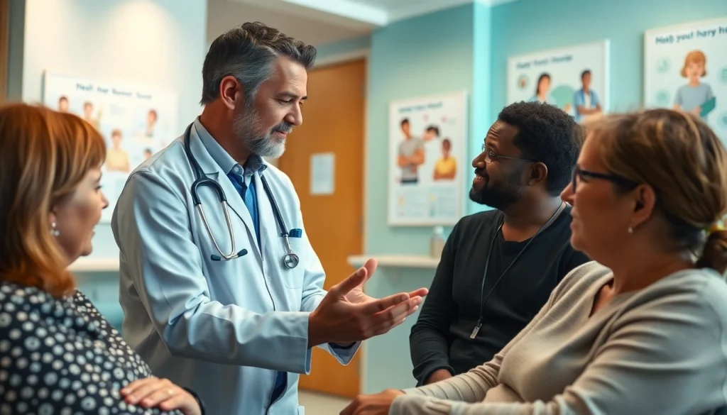 Engaging healthcare provider discussing Health with patients in an inviting clinic environment.