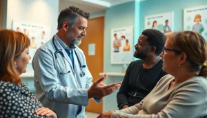Engaging healthcare provider discussing Health with patients in an inviting clinic environment.