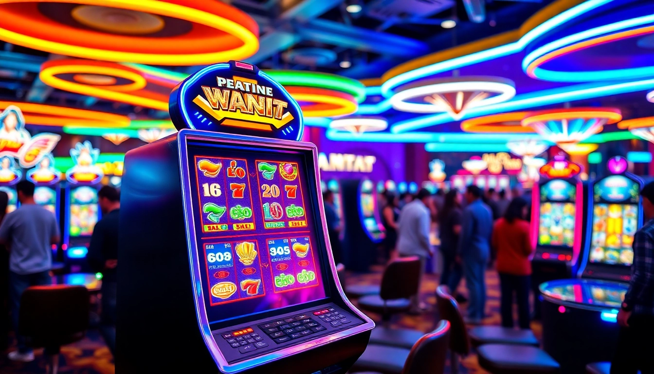 Slot machine with vibrant colors attracting players in a lively casino environment.
