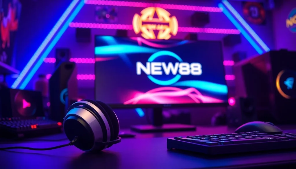 Experience the ultimate gaming setup showcasing Nhà Cái NEW88 logo in an energetic environment.
