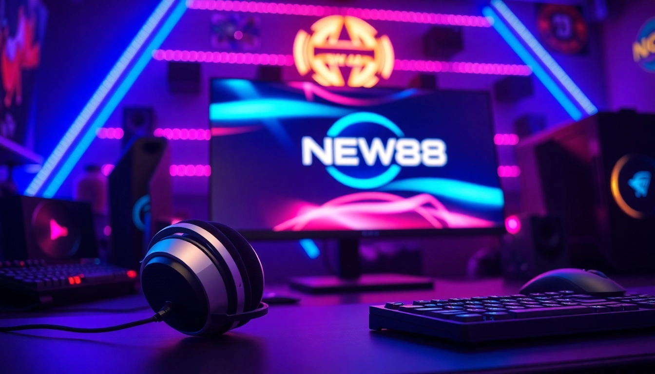 Experience the ultimate gaming setup showcasing Nhà Cái NEW88 logo in an energetic environment.