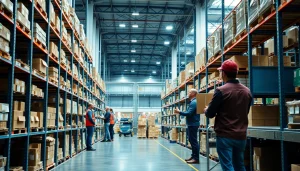 Manage 3PL logistics effectively in a vibrant warehouse filled with organized inventory.