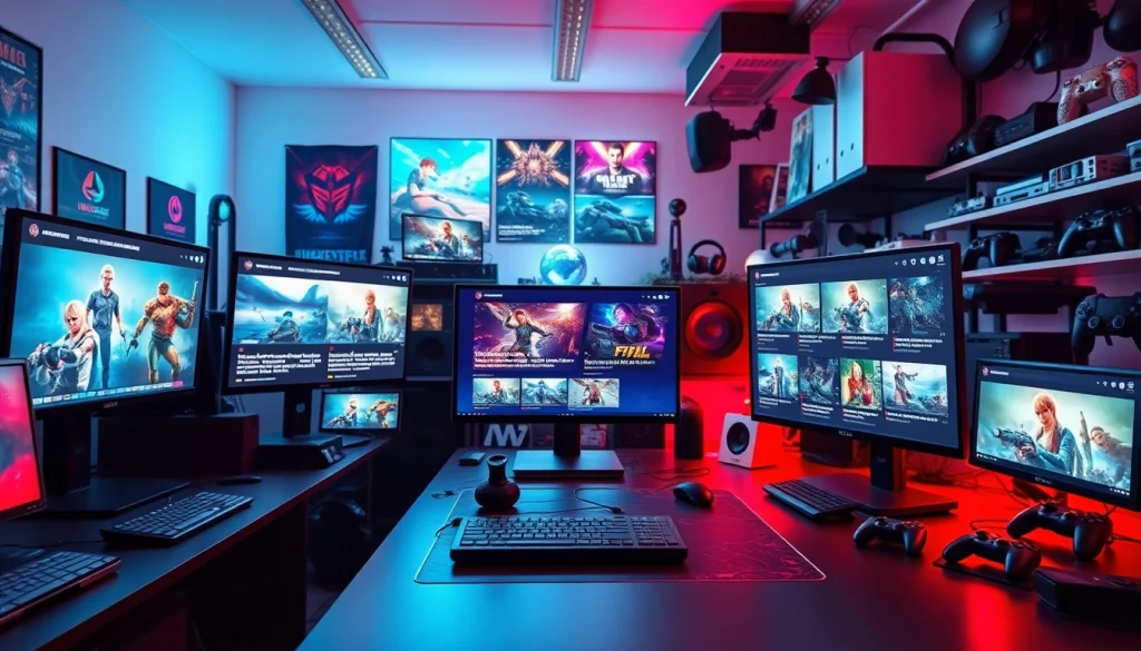 Browse gaming articles at https://gamelevate.com featuring vibrant visuals in a dynamic digital workspace.