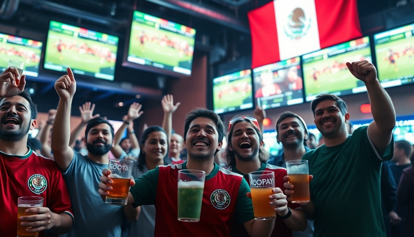 Enthusiastic fans enjoying the best sports betting sites for Mexico at a lively venue.