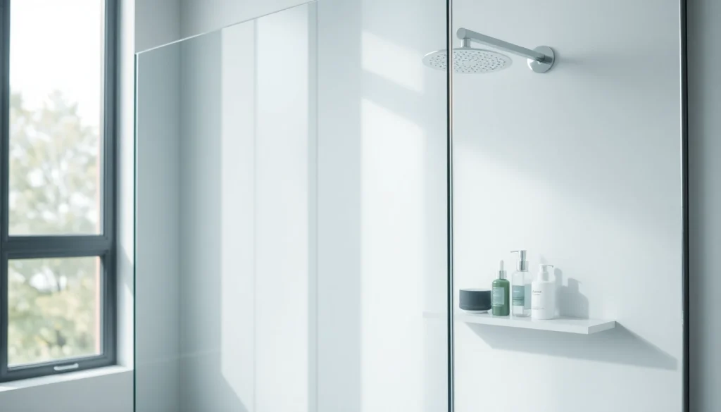 Paroi de douche en verre moderne illuminée par la lumière naturelle dans une salle de bain élégante.