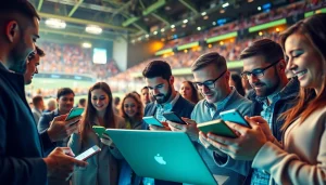 Engaging scene of bettors exploring the best sportsbooks in Brazil through devices in a lively sports environment.