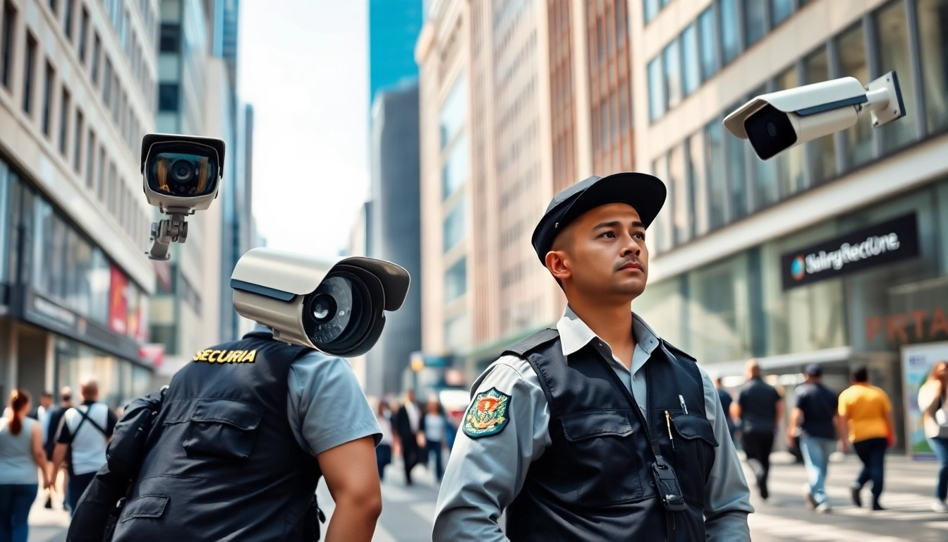 Security Company personnel monitoring a busy urban area with advanced technology.