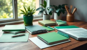 Showcase green stationery items including eco-friendly notebooks and pens on a wooden desk.
