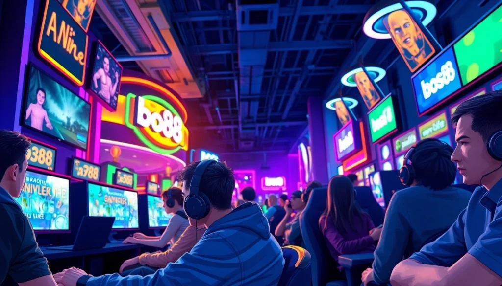 Menggambarkan pengalaman bermain bos88 dalam suasana gaming yang enerjik dan modern.