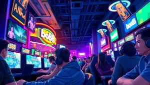 Menggambarkan pengalaman bermain bos88 dalam suasana gaming yang enerjik dan modern.