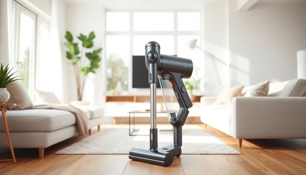 Showcasing the best cordless vacuum in a modern living room, demonstrating its sleek design.