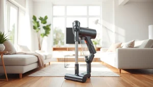 Showcasing the best cordless vacuum in a modern living room, demonstrating its sleek design.