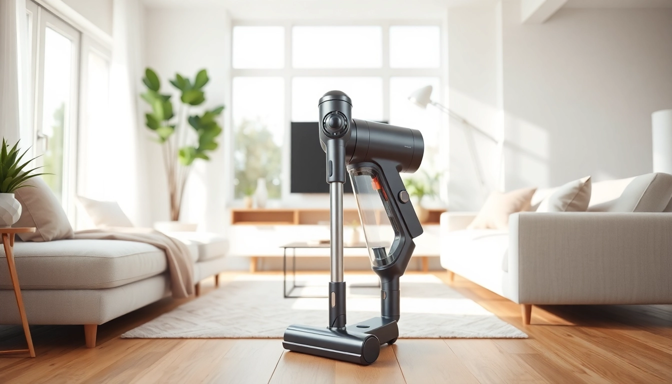 Showcasing the best cordless vacuum in a modern living room, demonstrating its sleek design.