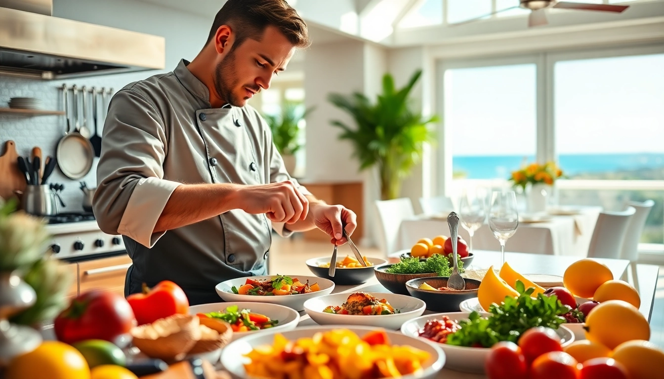 Private chef Sint Maarten preparing gourmet dishes in a luxurious villa kitchen with fresh ingredients.