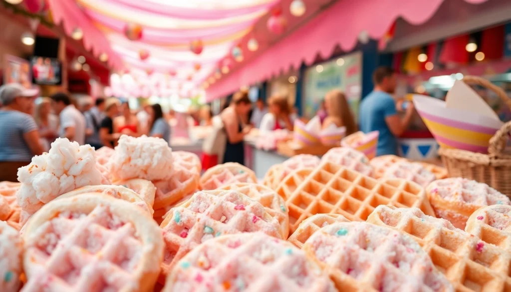 Wafel katoen gepresenteerd in een levendige marktscène met kleurrijke teksturen.