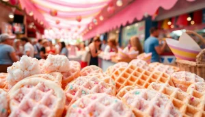 Wafel katoen gepresenteerd in een levendige marktscène met kleurrijke teksturen.