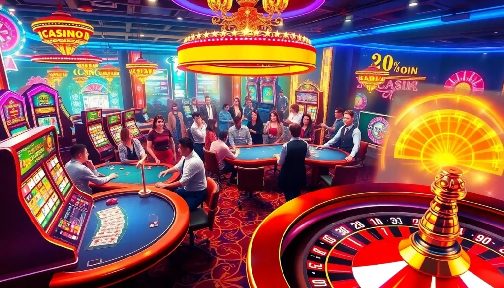 "Exciting casino scene with players enjoying KJC AC 2 themed gaming activities, showcasing poker tables, slot machines, and roulette wheels."