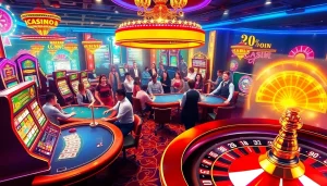 "Exciting casino scene with players enjoying KJC AC 2 themed gaming activities, showcasing poker tables, slot machines, and roulette wheels."