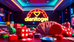 Menampilkan diantogel logo dengan elemen permainan, dadu, dan kartu yang dinamis.