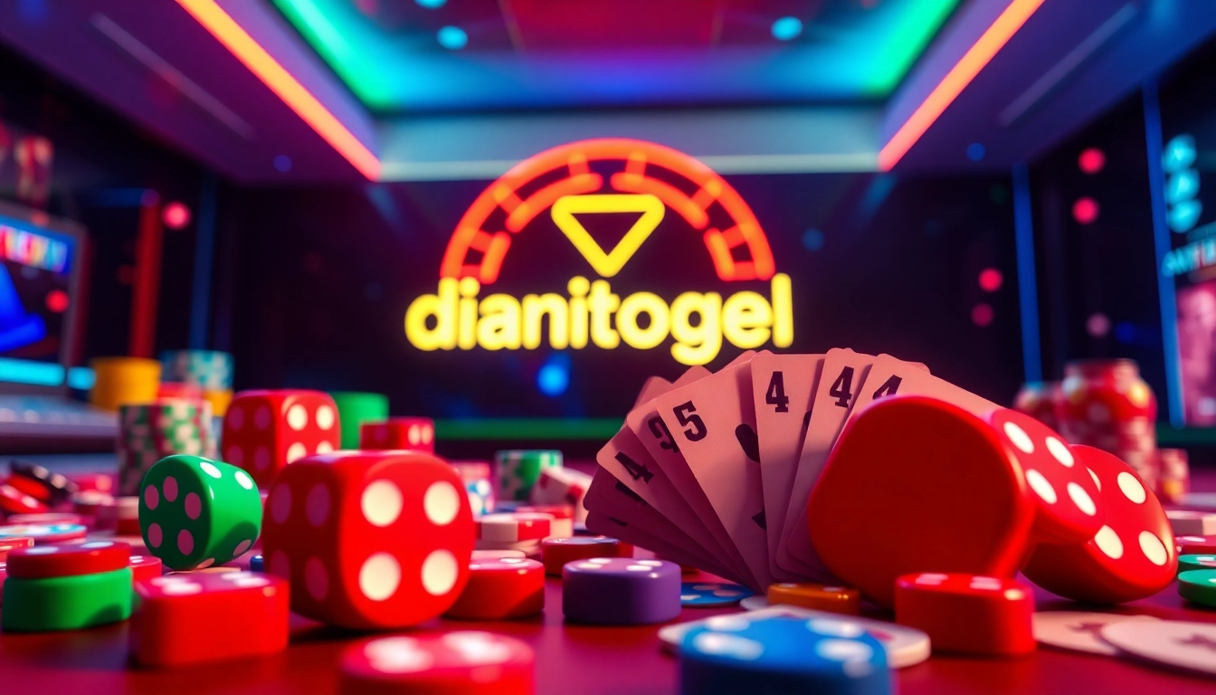 Menampilkan diantogel logo dengan elemen permainan, dadu, dan kartu yang dinamis.