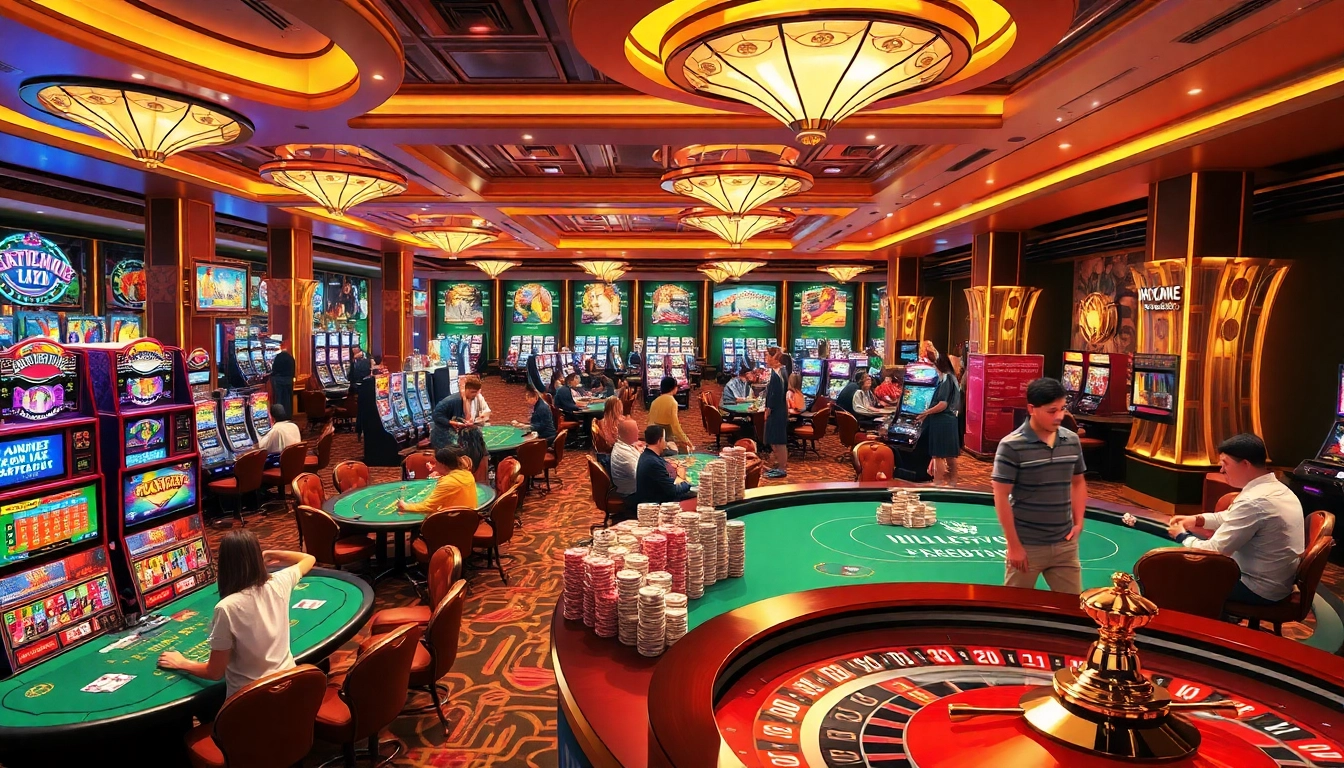 Experience the vibrant gambling world of KJC AC 1 with players enjoying casino tables and slot machines.