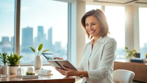 Highlighting real estate agent assisting clients in a modern office with skyline views.