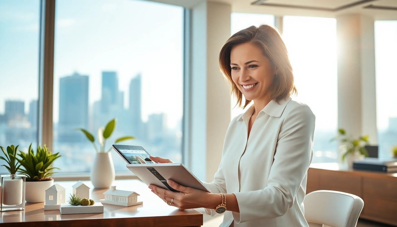 Highlighting real estate agent assisting clients in a modern office with skyline views.