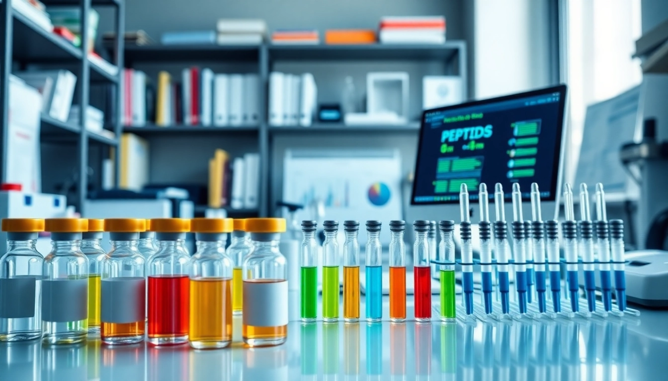 Buy peptides online in a professional laboratory setting with colorful vials and syringes.