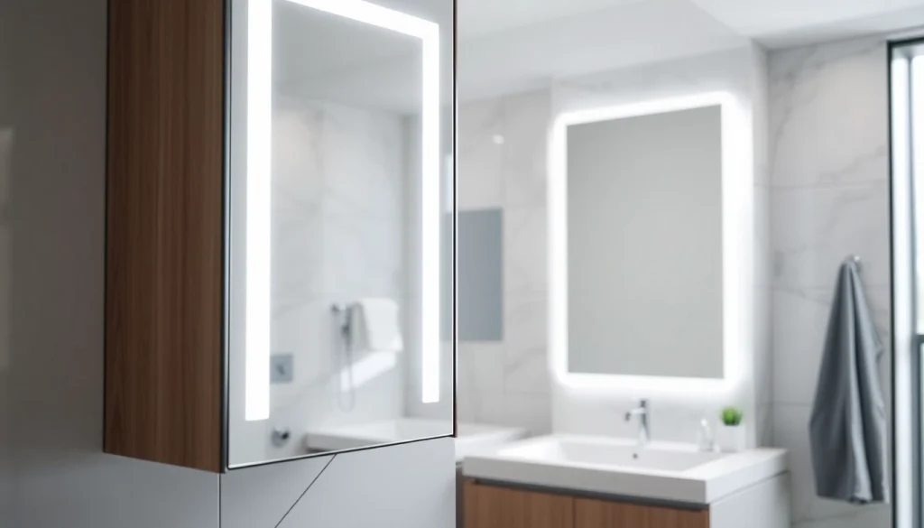 Eleganter sonni Spiegelschrank mit LED-Beleuchtung in stilvollem Badezimmer präsentieren.