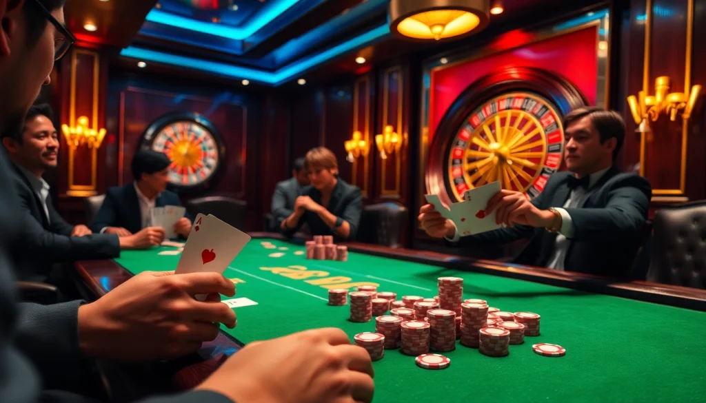 79king players engaging in a high-stakes poker game, showcasing vibrant casino ambiance.