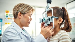 Assessing a child's eye health as part of Our Children's Vision initiative in a bright clinic setting.