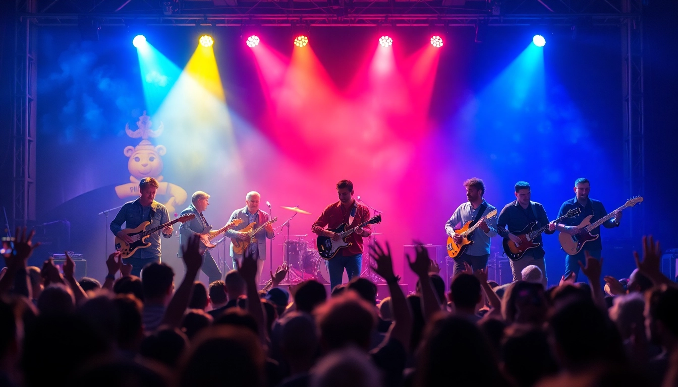 Energetic kooralive performance with a diverse band engaging an enthusiastic crowd.