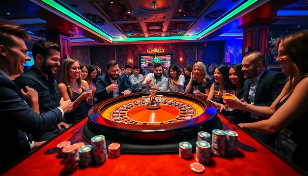 Experience the excitement at https://rusia777.com with lively players at a roulette table in a modern casino setting.