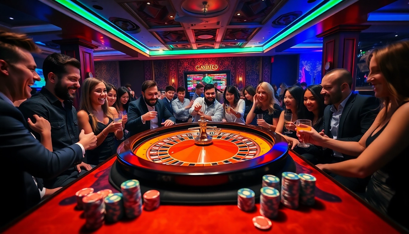 Experience the excitement at https://rusia777.com with lively players at a roulette table in a modern casino setting.