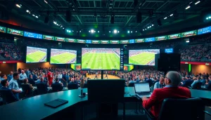 스포츠중계를 제공하는 현대적인 방송 스튜디오의 실시간 영상