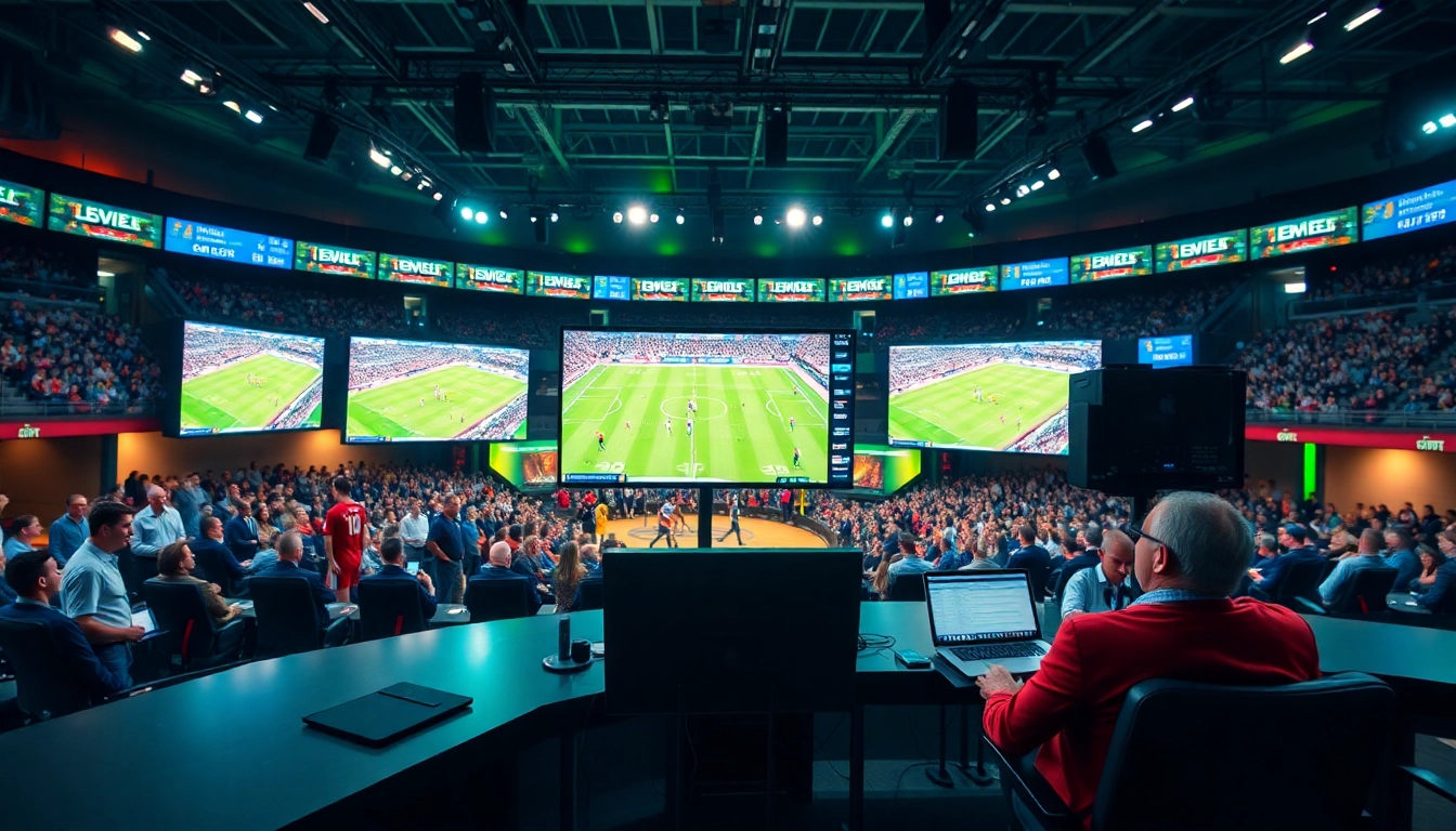 스포츠중계를 제공하는 현대적인 방송 스튜디오의 실시간 영상