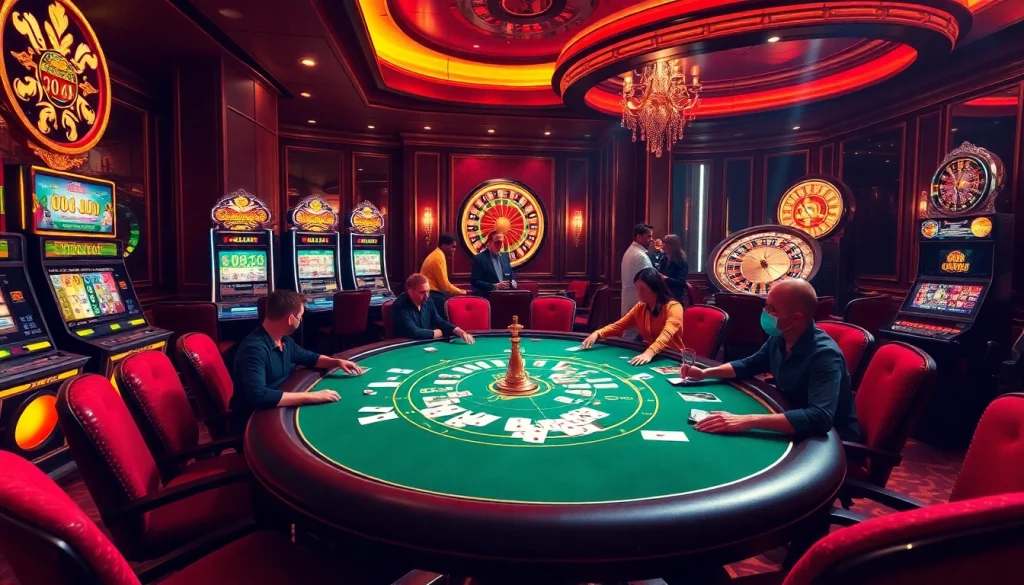 Experience thrilling gameplay at https://79king.party/ with players at a vibrant poker table in a luxurious casino.