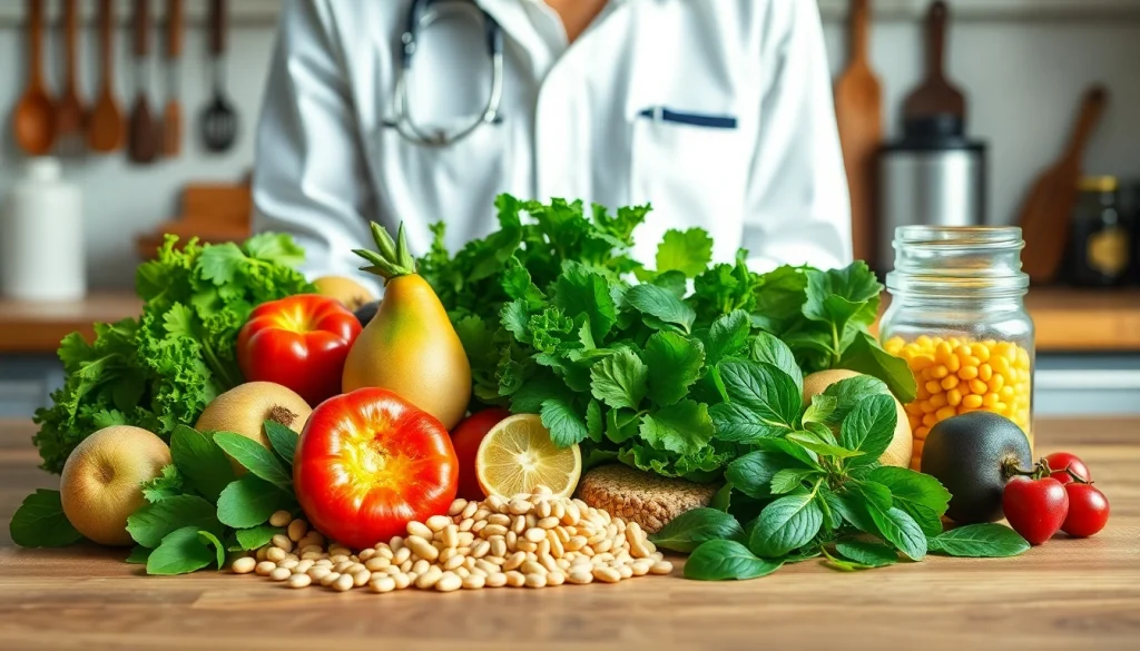 Showcasing natural appetite suppressant ingredients on a wooden table with fresh herbs and fruits.